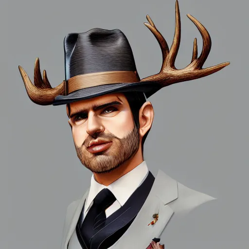 Image similar to a upper body portrait of a deer in a pinstriped suit and pants wearing a fedora with the antlers sticking out of the fedora by artgerm and wlop, intricate detail, digital art, photorealistic, trending on artstation