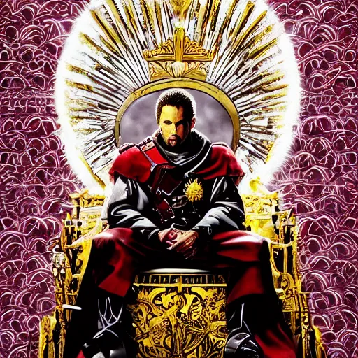 Prompt: modern self portrait of man sitting on throne, legs crossed, while holding a sword, white man, hispanic, brown hair, light skin, golden throne, red robes, 8 k, hi - rez, circles, lamented, clear, brown eyes, colored, sharp, illustrated by yoji shinkawa