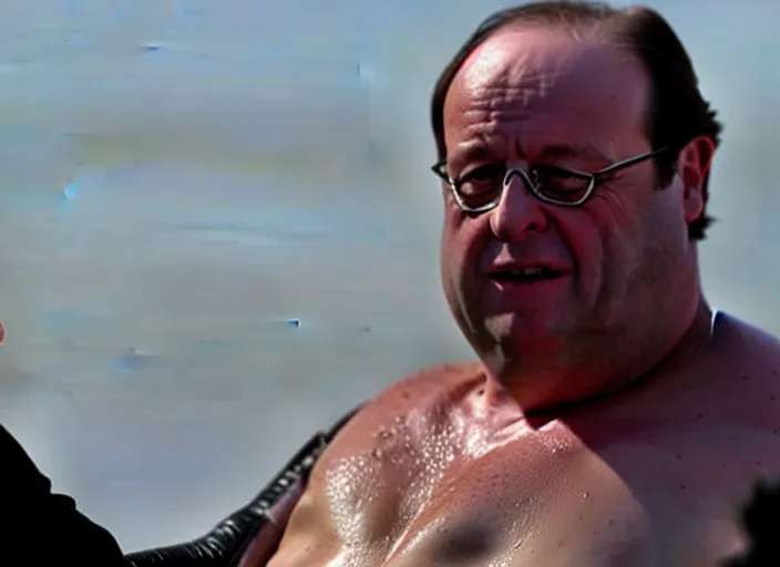 Prompt: François Hollande as baron harkonnen in a black oil bath in a still from the film Dune (2021)