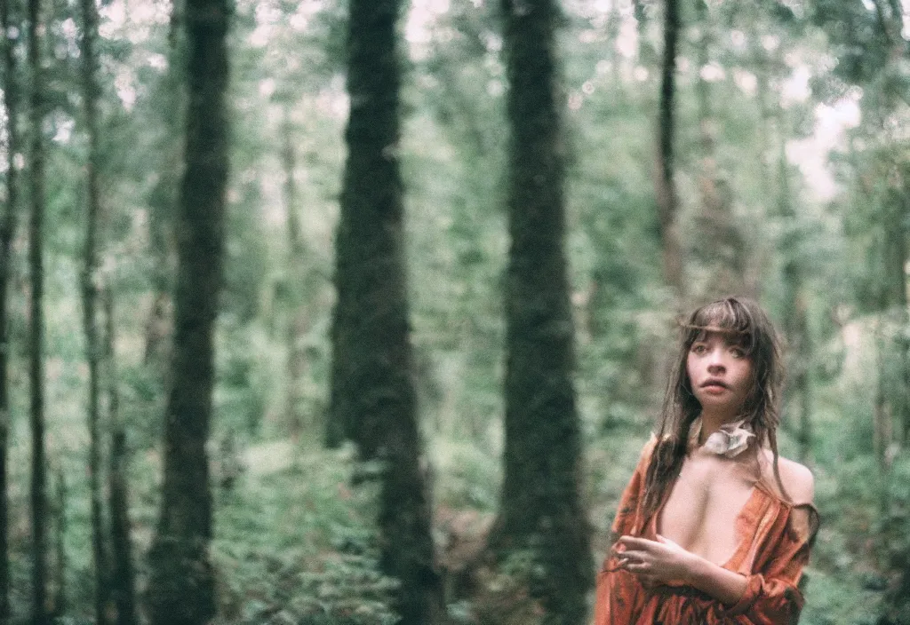 Prompt: lomo photo of a brunette girl standing i front of a modern forest cabin, cinestill, bokeh, out of focus