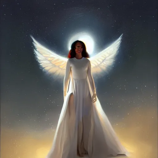 Image similar to a painting of rihanna like an angel, a young woman with long hair and a halo wearing a white top and beautiful dress, smiling in heaven, by jessica rossier