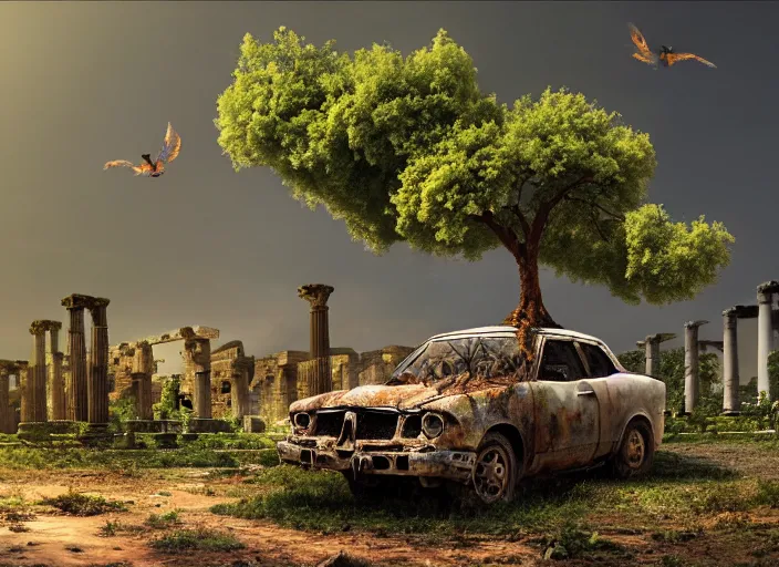 Image similar to a tree growing on a scrap car in ancient greek ruins, gray wasteland, many scrap cars, overgrown, pillars and arches, colorful flowers, vines, hyperrealistic, highly detailed, cinematic, ray of golden sunlight, beautiful, cgsociety, artstation, 8 k, pixar style by tristan eaton, artgerm, tom bagshaw