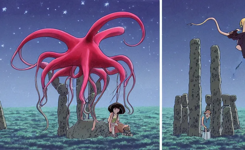 Image similar to a realistic cell - shaded studio ghibli concept art from paprika ( 2 0 0 6 ) of a flying multi - colored octopus from close encounters of the third kind ( 1 9 7 7 ) and a grey long - haired witch in a flooded stonehenge on a misty starry night. very dull colors, wide shot, hd, 4 k, hq