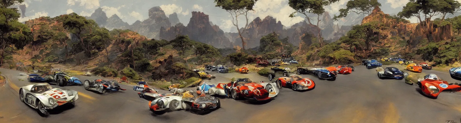 Image similar to a detailed road with racing cars by frank frazetta