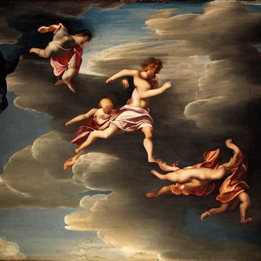 Image similar to running and falling on clouds, 4k, post-processing, detailed, Renaissance painting