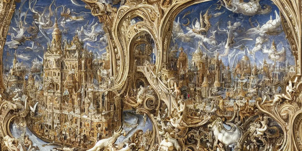 Image similar to beautiful!!! ornate heavenly!!! silver rococo megastructure in the style of heironymus bosch, prismatic intricate masterpiece, hyper detailed!, hd