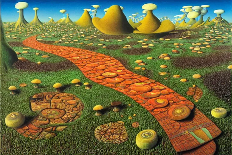 Image similar to the path less taken with mushrooms by jacek yerka, roger dean and salvadore dali