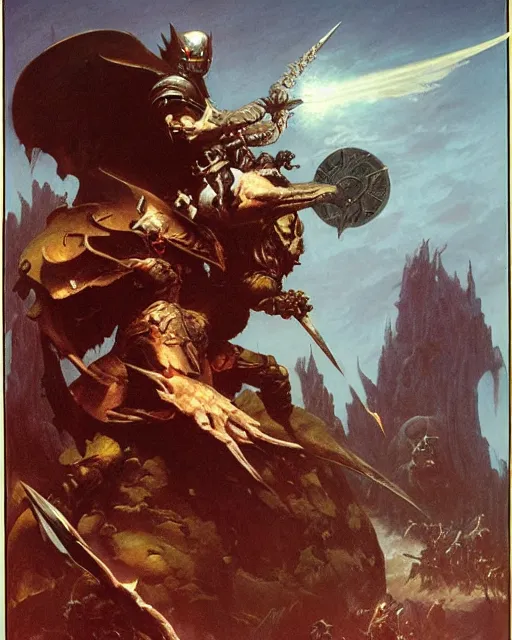 Image similar to the death knight by Frank Frazetta. Thomas Cole and Wayne Barlowe