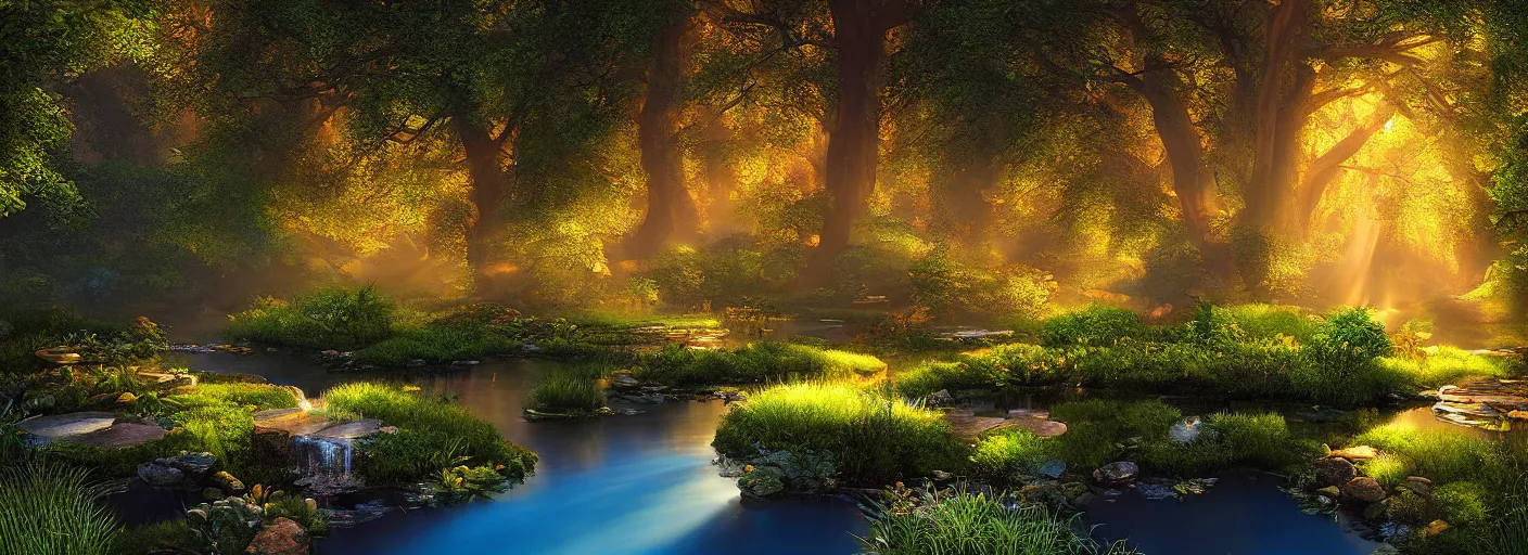 Image similar to photograph of enchanted garden, clear blue pond in the middle, rays of light by marc adamus, highly detailed, intricate detail, cinematic lighting