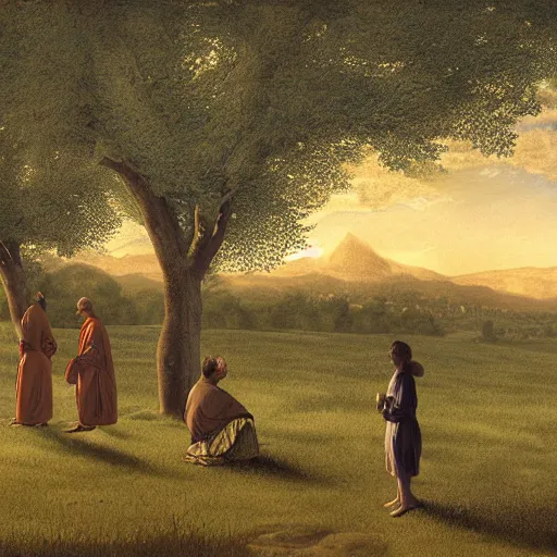 Image similar to Four wise scholars standing at the edge of a beautiful orchard at twilight, detailed and realistic matte painting, digital art