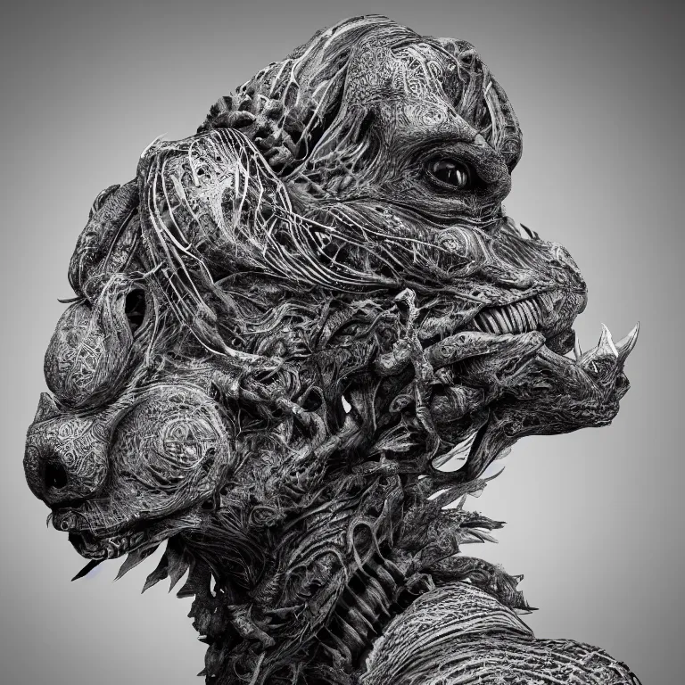 Image similar to surreal spinal ribbed tribal exotic organic face portrait of a beautiful alien animal creature monster, beautiful detailed intricate insanely detailed BW 3D render digital art, octane render, 8K artistic photography, photorealistic