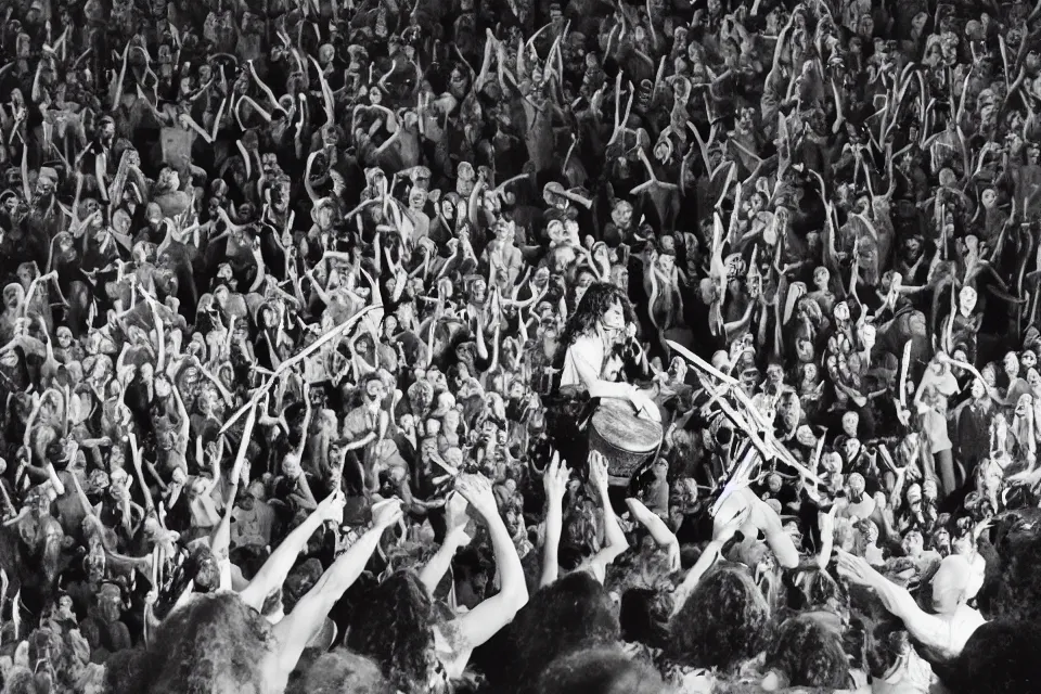 Image similar to a claymation film still of a curly long hair drummer playing the drum set in a big arena stage with a crowd of fans. claymation by bruce bickford