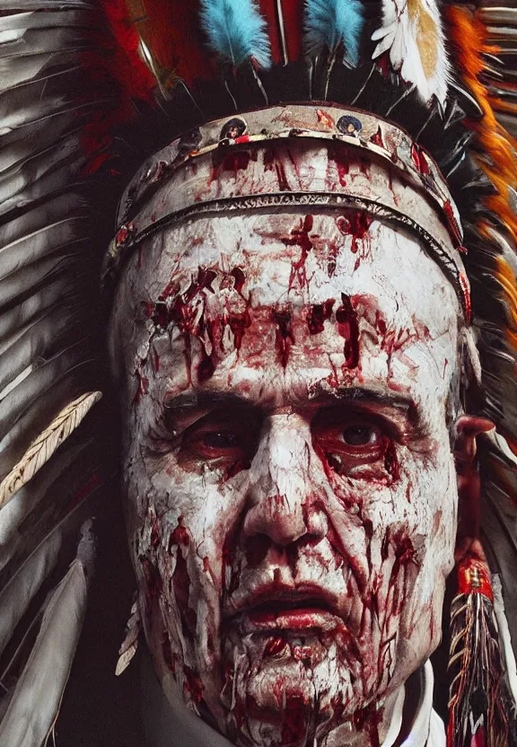 Image similar to close up portrait of zombie Pope Francis wearing a Native American Indian Feathered Headdress War Bonnet, dead redemption, by James Gilleard and Beeple