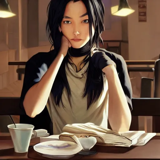 Prompt: cassandra cain as a college student, studying in a cafe, bokeh, angry beautiful face!!!!, 2 7 years old, cg animation, lifelike, animated, realistic, character select portrait, by artgerm, greg rutkowski, alphonse mucha, 3 d