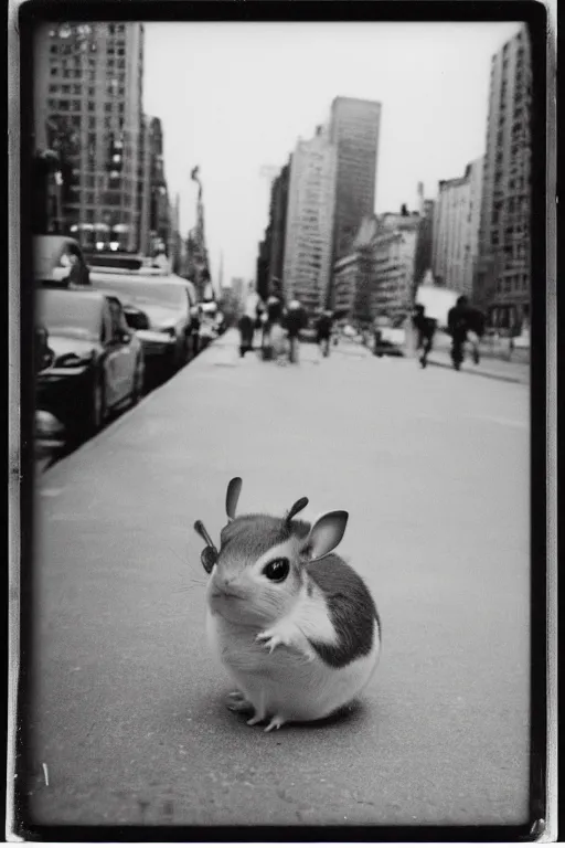 Image similar to photo polaroid of a raichu in the middle of a New York street, loneliness, war, black and white ,photorealistic, 35mm film,