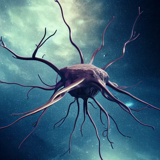 Image similar to neuron made of steel in space with hubble background, vray, 5 5 mm