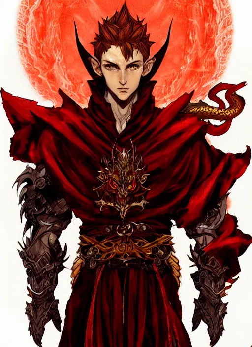 Image similar to Half body portrait of a handsome young red haired elven monk prince with dragon eyes, staff and red and golden ornate dragon robe. In style of Yoji Shinkawa and Hyung-tae Kim, trending on ArtStation, dark fantasy, great composition, concept art, highly detailed.