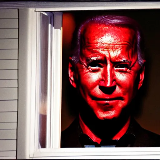 Prompt: dark setting, night time, I look at my window at night to see Joe Biden with red bloodshot eyes creepily staring through my window