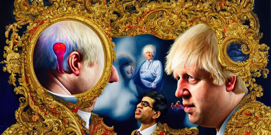 Image similar to rishi sunak and boris johnson in heaven, abstract oil painting by gottfried helnwein pablo amaringo raqib shaw zeiss lens sharp focus high contrast chiaroscuro gold complex intricate bejeweled