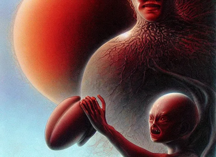 Image similar to griffith holding behelit during the eclipse from berserk, creepy, melting, since, horror, art by wayne barlowe, giger, artgerm