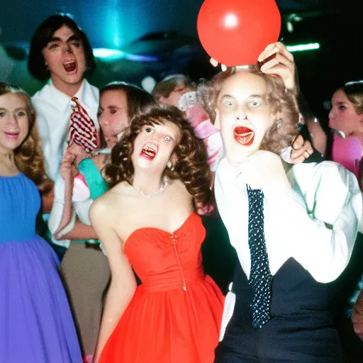 Prompt: a teenage girl with an inflatable head at the prom, the other students are laughing at her on the dancefloor, live-action john waters film, 1978, technicolor