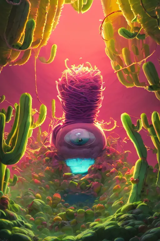 Image similar to roots cactus sushi cristal smurf ghost creature animal sushi cristal very big eye roots cactus elemental flush of force nature micro world fluo fishscale, behance hd by jesper ejsing, by rhads, makoto shinkai and lois van baarle, ilya kuvshinov, rossdraws radiating a glowing aura global illumination ray tracing hdr