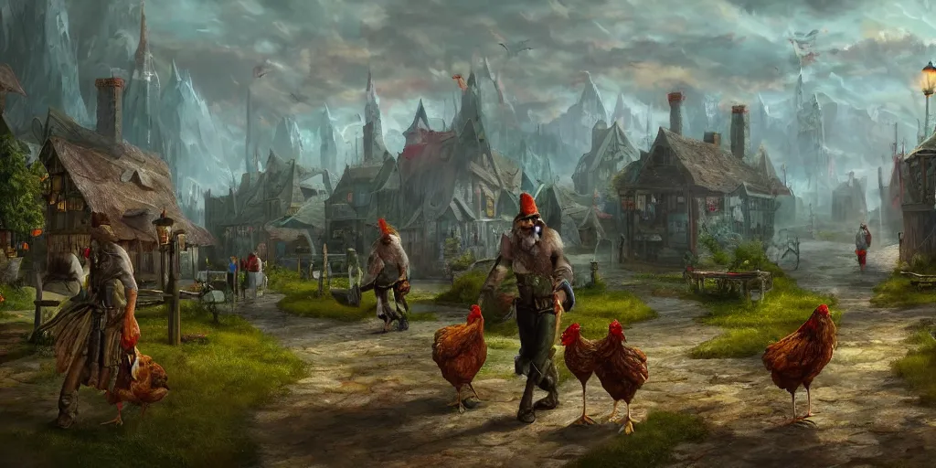 Image similar to many walking taverns with chicken legs in the distance, fantasy art, 8k resolution, maximum detail