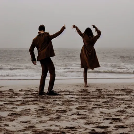 Prompt: zoom in photo of a man and woman, both wearing light brown trenchcoats, dancing together on a beach during cloudy weather, it is a little dark outside