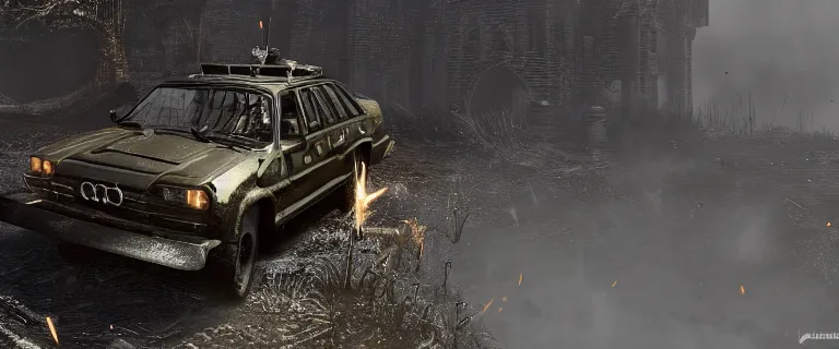 Image similar to Armored and Armed Military Audi 80 B3 Avant (1988) with a mounted M249 with soldiers on, Dark Souls 3, Eldritch Horrors, Wretched and Corrupted Knights, Battle, Fight, gunshots fired, a grim fantasy, Anor Londo, dramatic lighting, cinematic, establishing shot, extremely high detail, photorealistic, cinematic lighting, artstation, by simon stalenhag