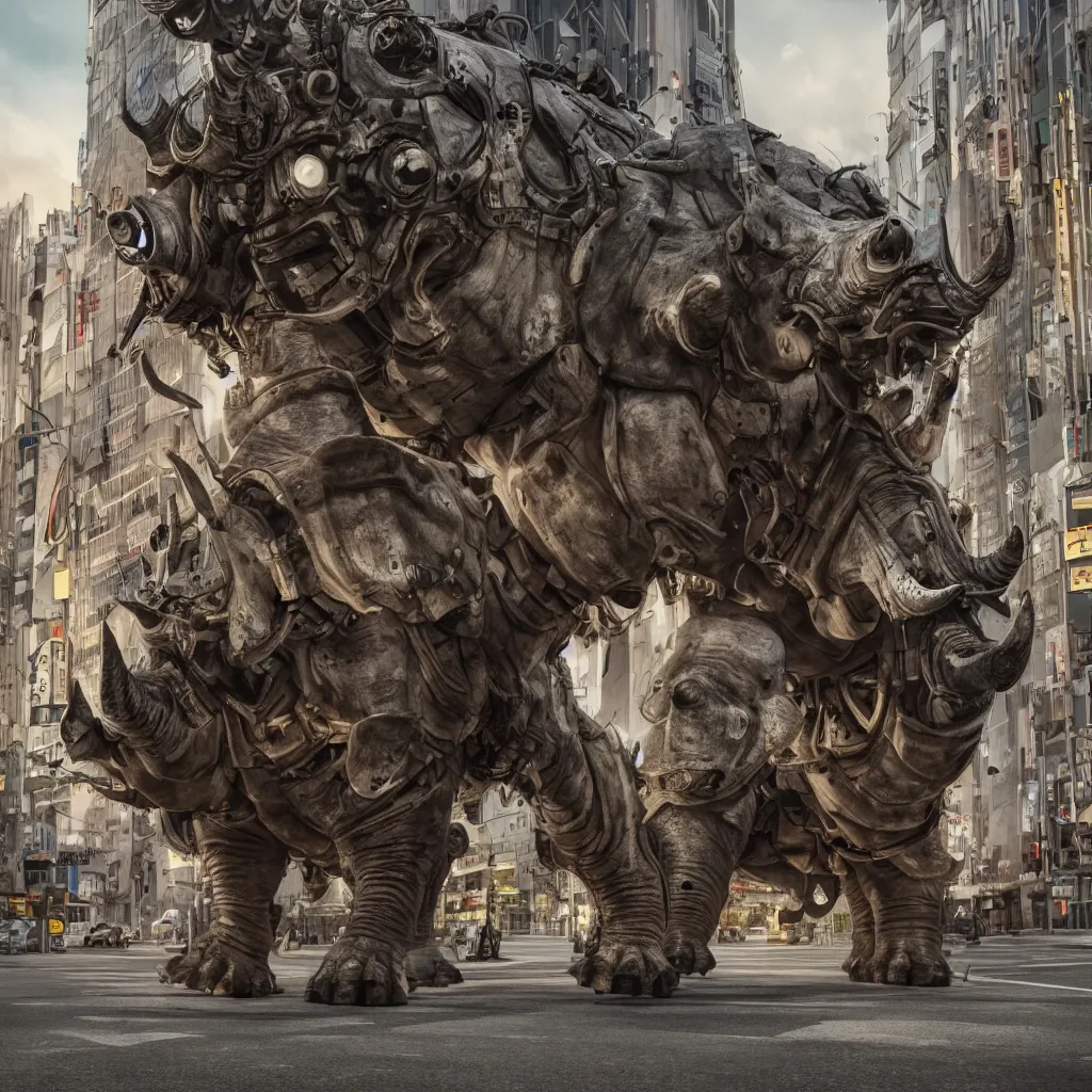 Image similar to a mechanical rhinoceros charging down a city street in Tokyo, ornamental,photorealistic, wide angle, cinematic atmosphere, elaborate, highly detailed, ornate, shiny, dramatic lighting, octane render, style by John Salt,