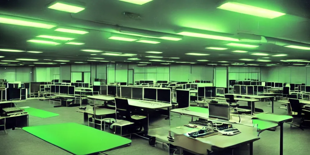 Prompt: a large 1970's computing room with 9-track machines and green glowing screens. by IBM by Amdahl.