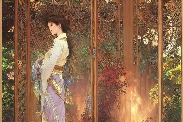 Prompt: large rustic intricately decorated wooden double door, metal handles, a view to a fantasy world, ethereal back light, mist, coherent composition, fantasy painting by noriyoshi ohrai, alphonse mucha