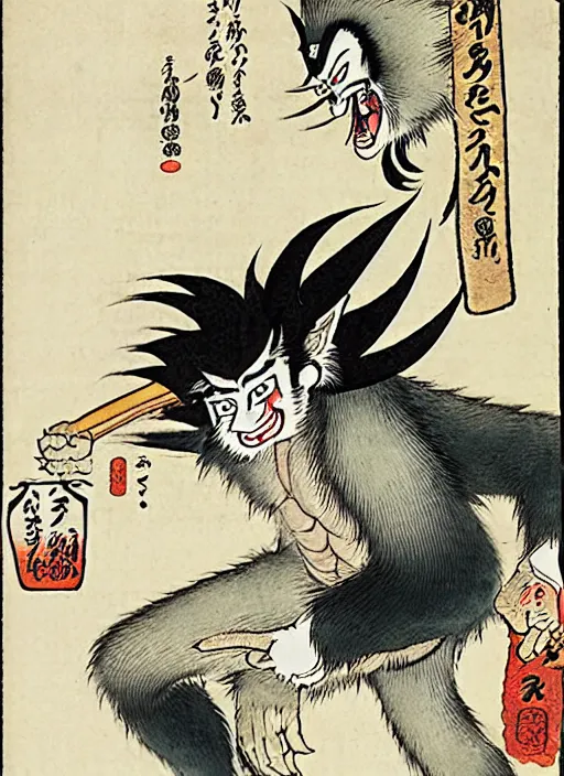 Image similar to the wolfman as a yokai illustrated by kawanabe kyosai and toriyama sekien