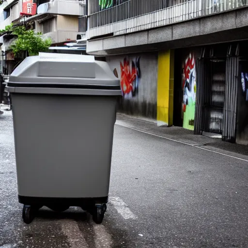 Prompt: A trashcan full of graffiti stands in the middle of an atmospheric Japanese street, a lot of broken computers and televisions