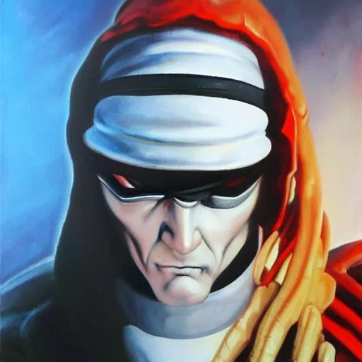 Prompt: ultra realistic buckethead as vega from street fighter, portrait painting by frank frazetta, 4 k, ultra realistic, highly detailed,