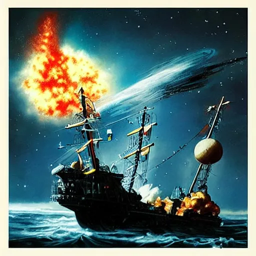 Prompt: nuclear explosion in space with a pirate ship flying away