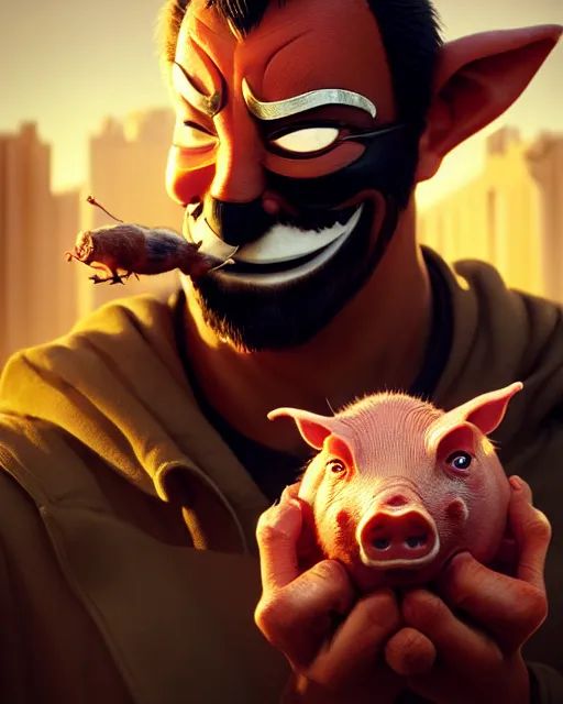 Prompt: movie still macro close photo of anonymous holding pork to mouth, by weta disney pixar greg rutkowski wlop ilya kuvshinov rossdraws artgerm octane render iridescent, bright morning, liosh, mucha