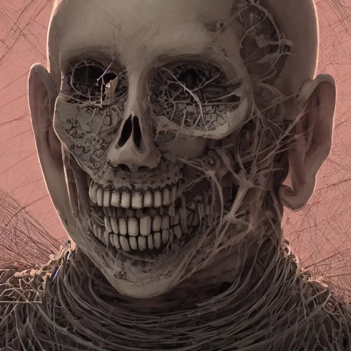 Image similar to portrait of Buddhist Monk as a skeleton. intricate abstract. intricate artwork. nightmare fuel. by Tooth Wu, wlop, beeple, dan mumford. octane render, trending on artstation, greg rutkowski very coherent symmetrical artwork. cinematic, hyper realism, high detail, octane render, 8k, iridescent accents