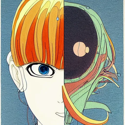 Image similar to prompt: Fragile looking flat colors portrait face drawn by Katsuhiro Otomo and Suehiro Maruo, inspired by Paprika anime, magical and alchemical objects on the side, soft light, monochrome background, intricate detail, intricate ink painting detail, sharp high detail, manga and anime 2000