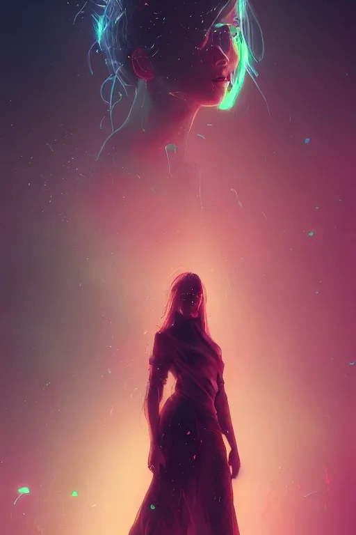 Image similar to A women with glowing colours around her by Greg Rutkowski, beeple, Sung Choi, Mitchell Mohrhauser, Maciej Kuciara, Johnson Ting, Maxim Verehin, Peter Konig, final fantasy, macro lens, 35mm, 8k photorealistic, cinematic lighting, HD, high details, dramatic, dark atmosphere, trending on artstation