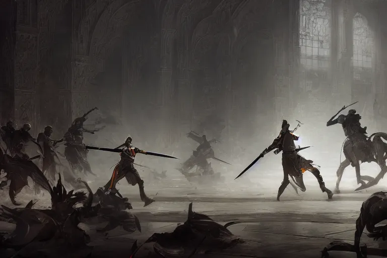 Prompt: painting of people tripping over swords in an arena, digital painting, volumetric light, intricate, sharp, focus, bloom, illustration, highly detailed, concept art, matte, ruan jia, randy vargas, greg rutkowski