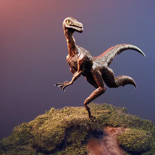 Prompt: bronze velociraptor, in swamp, surrounded by fog, trending on midjourney, in style frazetta, 1 0 0 mm lens, depth of field, cinematic, unreal engine