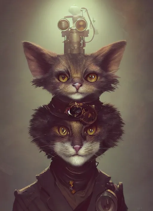 Image similar to a beautiful half body portrait of a cute young anthropomorphic steampunk cat fursona. big eyes. character design by cory loftis, fenghua zhong, ryohei hase, ismail inceoglu and ruan jia. volumetric light, detailed, rendered in octane