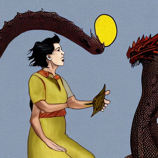 Prompt: woman is talking to a large dragon, art by Chris Achilleos ,