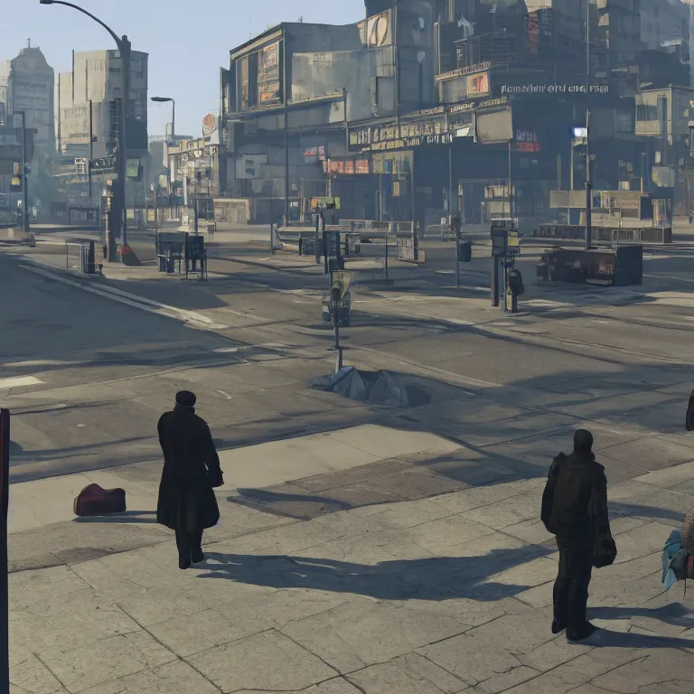 Image similar to some people waiting in a lone bus stop in qiet dark city, by GTA5 in game