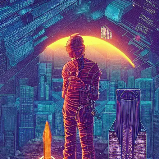 Image similar to Stunningly intricate illustration of a cyberpunk explorer meditating next to a floating triangular glowing monolith, highly detailed, midnight, by Victo Ngai and James Gilleard , Moebius, Laurie Greasley file:///Volumes/1TB_WD/photoshop/bing%20character%20related%20stuff/bing%20-%20logo%20character%20-%20pixelated/BING_COMMISSION%20NO%20BG.png