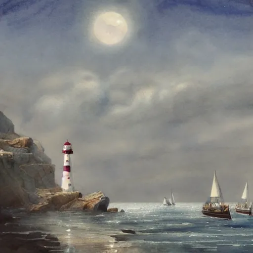Prompt: Complex hyperdetailed serene masterpiece sketch of a captivating lighthouse, sailboats soaring in the wind, by Orris Moe, complex detailed watercolor painting, cinematic lighting,illogical surrealism.