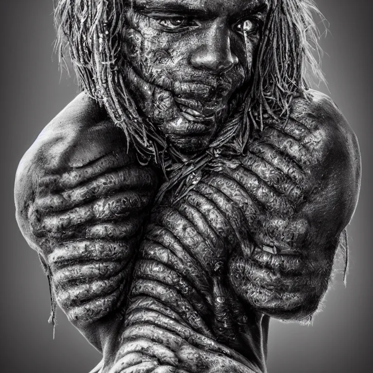 Image similar to surreal spinal ribbed tribal exotic organic face portrait of a beautiful aboriginal man, beautiful detailed intricate insanely detailed BW 3D render digital art, octane render, 8K artistic photography, photorealistic