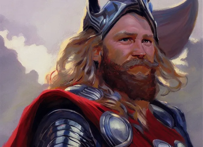 Image similar to a highly detailed beautiful portrait of thor, by gregory manchess, james gurney, james jean