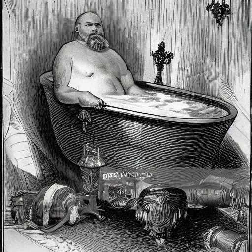 Image similar to emperor of the russian empire nikolay 2 lies in a bath with foam. there is a yellow duck in the bathroom.